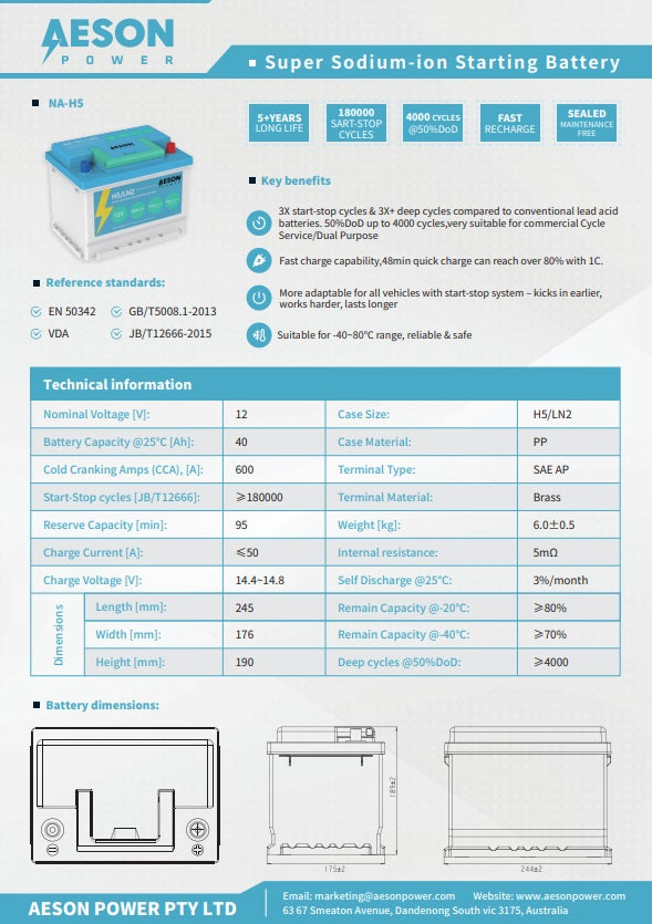 Aeson 12v 550CCA 396WH NAForce L2 Sodium-Ion Start-Stop Starting Battery