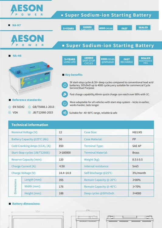 Aeson 12v 700CCA 480AH NAForce L4 Sodium-Ion Start-Stop Starting Battery
