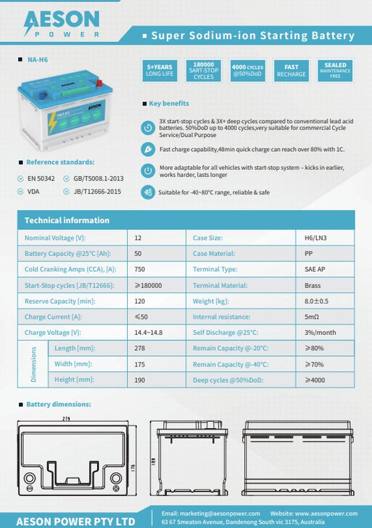Aeson 12v 650CCA 480WH NAForce L3 Sodium-Ion Start-Stop Starting Battery