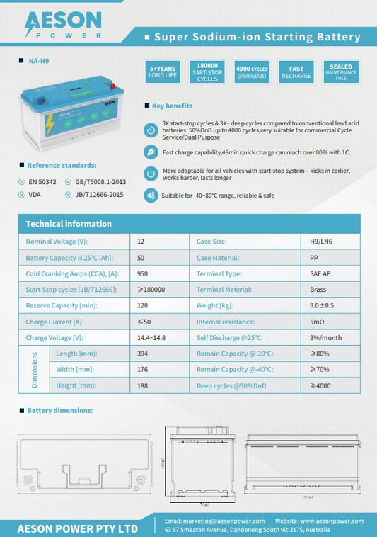 Aeson 12v 800CCA 600WH NAForce L5 Sodium-Ion Start-Stop Starting Battery